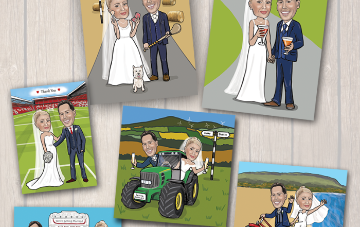 Wedding invitations sample pack with funny cartoon caricatures designed and made in Ireland