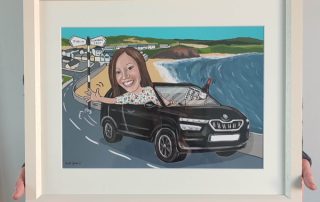 Caricature of Heather in car framed