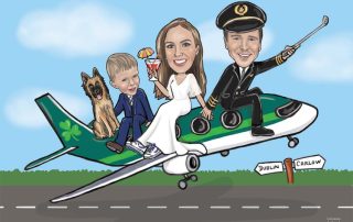 Edwina & Seán guest signing board design with a pilot, his son and dog, and bride sitting on an Aer Lingus airplane.