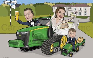 Caricature of bride and groom in a John Deere tractor, and their son on a miniature tractor pulling a sack of Curracloe spuds. The Newbay House in the background.