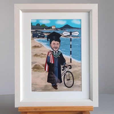 Framed caricature gift for graduation created by Carmel grant designs