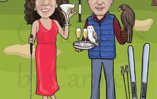 Caricature digital art design for a 50th birthday. Drawing of a lady in a red dress with a golf club and cocktail, and beside her a man with a tray of drinks and an owl. Standing on a golf course with two dogs.