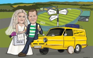 Digital art of a Wedding caricature of a bride wearing a wedding dress and groom wearing a Celtic jersey, posing beside an Only Fools and horses car.