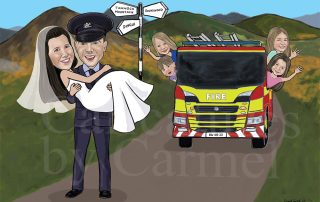 Fireman groom in uniform, carrying his bride in his arms. In the background a fire engine with the children hanging out the windows waving. Wedding caricature.