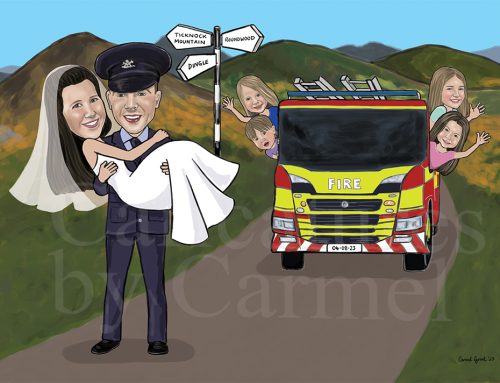 Fireman groom, Bride and family in the Fire Engine wedding caricature