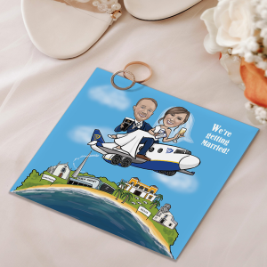 Caricature wedding invitation of bride and groom on airplane designed by Carmel Grant in Waterford Ireland