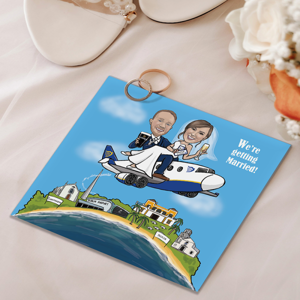 Caricature wedding invitation of bride and groom on airplane designed by Carmel Grant in Waterford Ireland