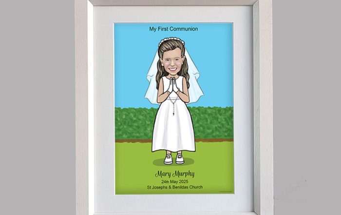 Personalised Commuion girl caricature gift in a white frame