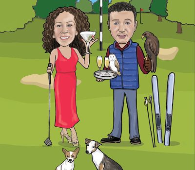 Caricature of a lady with golf club and cocktail and man holding champagne, owl and eagle. Both standing on a golf club.