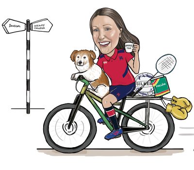 Caricature of girl on a bicycle with her dog, boxing gloves, badminton racket, football and cup of tea.