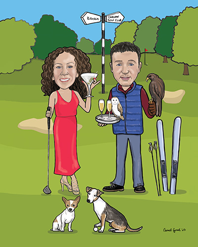 Caricature of a lady with golf club and cocktail and man holding champagne, owl and eagle. Both standing on a golf club. Caricature of a lady with golf club and cocktail and man holding champagne, owl and eagle. Both standing on a golf club.