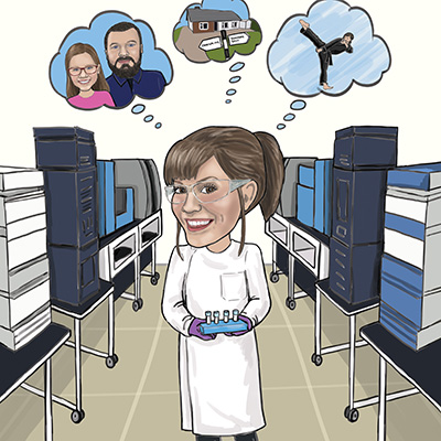 Corporate gift. Personalised caricature of woman in a lab in white coat and goggles thinking of family