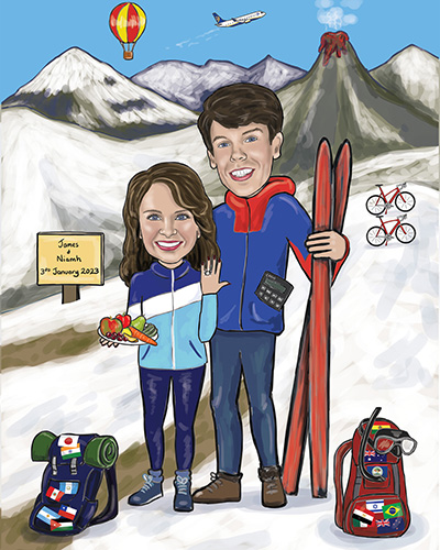 Engagement gift caricature of couple standing on snow with skiis