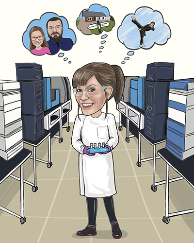 Caricature of a lady with golf club and cocktail and man holding champagne, owl and eagle. Both standing on a golf club.