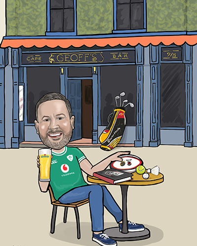 hand drawn personalised caricature of man outside Geoffs bar in Waterford, birthday gift hand drawn personalised caricature of man outside Geoffs bar in Waterford, birthday gift