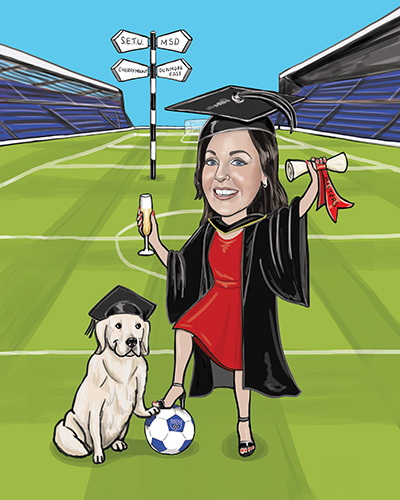 Graduation gift. personalised caricature of graduation girl and dog on football pitch