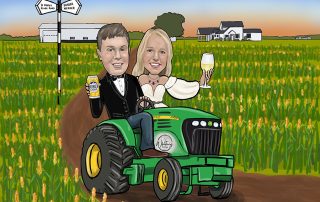 Caricature artwork of bride and groom on a tractor driving through a corn field