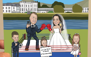 bride and groom in boxing ring caricature wedding invitation