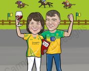 Caricature cartoon of mother and son wearing Donegal jerseys cheering with horse racing in the background. Personalised birthday gift