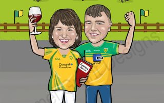 Caricature cartoon of mother and son wearing Donegal jerseys cheering with horse racing in the background. Personalised birthday gift