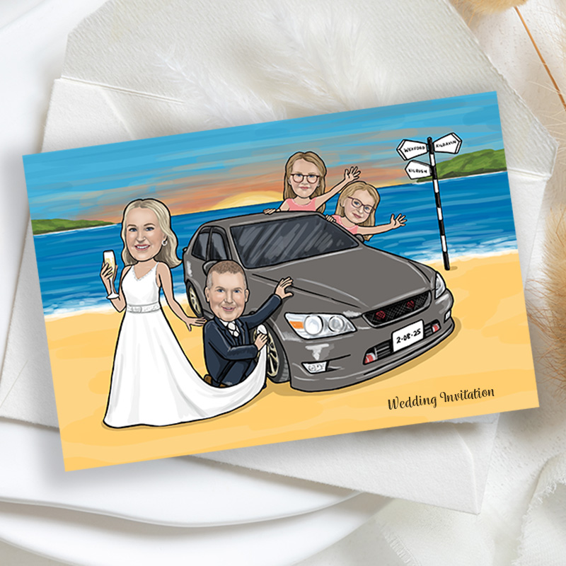 Ciara & Peter caricature wedding invitation of groom cleaning wheel of car with brides dress with a sunset and beach in the background A6 size flat caricature wedding invitation card designed for Ciara & Peter. The groom cleaning wheel of car with brides dress with a sunset and beach in the background
