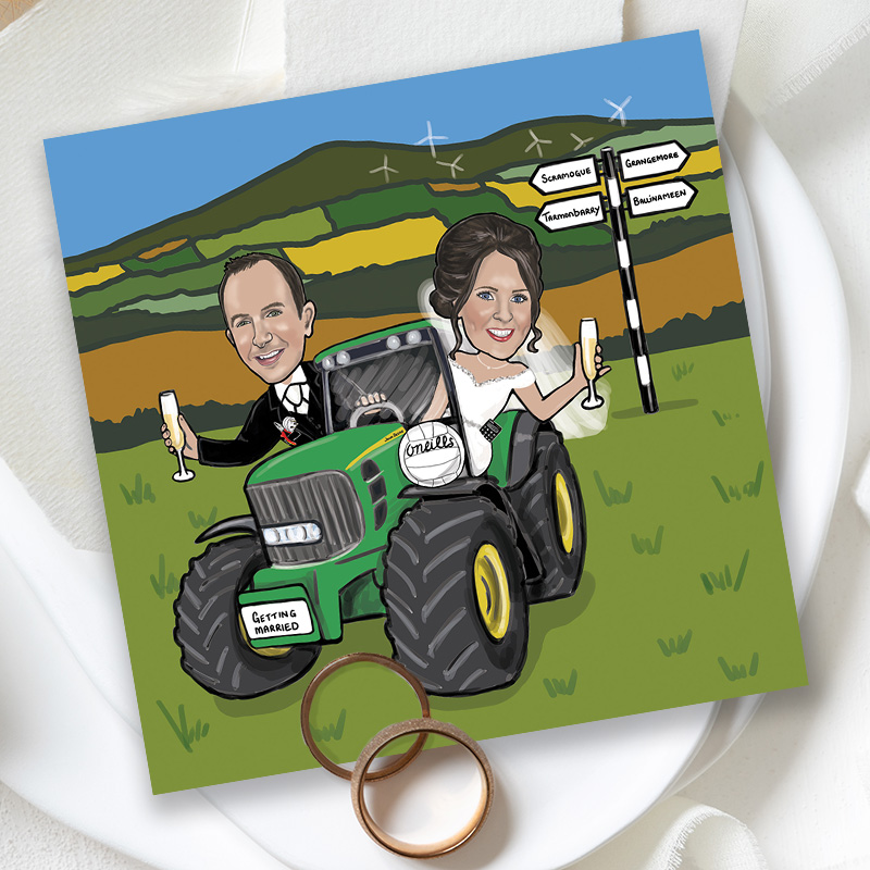 Emer & Barry caricature wedding invitation card with bride and groom sitting on a green tractor with a countryside in teh background