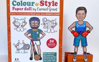 Sports star paper doll book with the paper doll standing wearing the boxing gloves costume. birthday gift, Christmas gift. Gift for children aged 5 to 11 years old