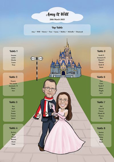 Wedding table plan with caricature of Bride dressed in a princess wedding dress and groom in suit with Disney Castle in the background Wedding table plan with caricature of Bride dressed in a princess wedding dress and groom in suit with Disney Castle in the background
